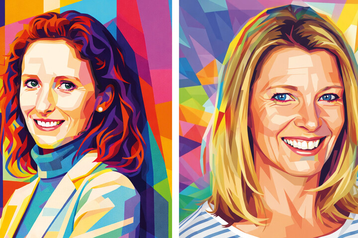Porträtbilder von Karin Hoisl und Christiane Koch, die mit bunten Farben grafisch illustriert wurden.
