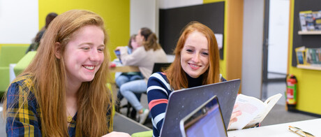 Zwei weiblich gelesene Studierende mit roten, langen Haaren sitzen an einem Tisch im Gruppenbereich der Schneckenhofbibliothek. Sie schauen lächelnd in einen Laptop vor ihnen, im hintergrund sitzen weitere Studierende..
