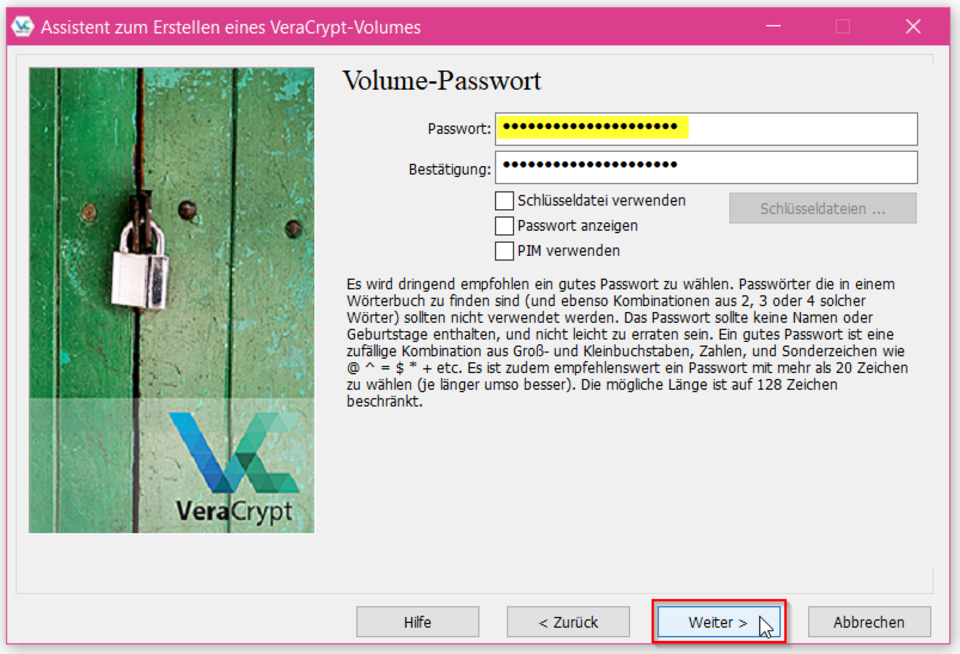 Screenshot Passwort festlegen