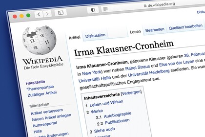 Screenshot von dem Wikipedia-Eintrag von Irma Klauser-Cronheim. 