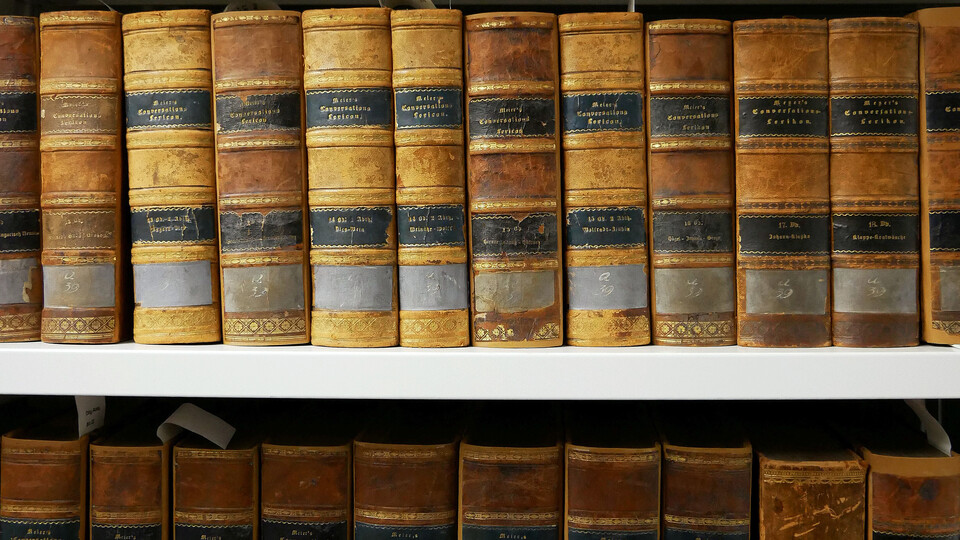 Drei Regalreihen mit historischen Bänden. Die Buchrücken snd braun mit schwarzen und grauen Absetzungen.