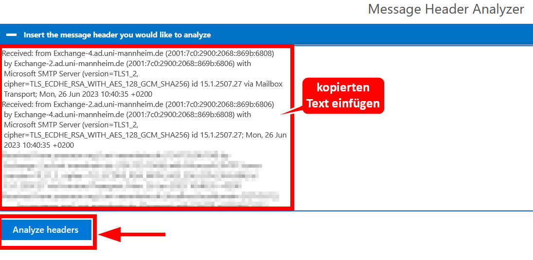 Kopierten Text in Message Header Analyzer einfügen