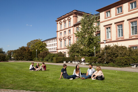 Auf einer Wiese sitzen Gruppen von Studierenden. Im Hintergrund ist das Schloss Mannheims. 