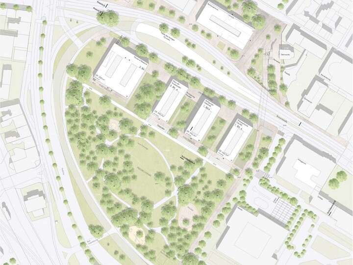Städtebaulicher Rahmenplan des Friedrichparks. Eingezeichnet sind vier Gebäude:die Philosophische Fakultät, Verfügungsgebäude, Haus der Studierenden, House of Research sowie umliegende Gebäude, der Park und Straßen.