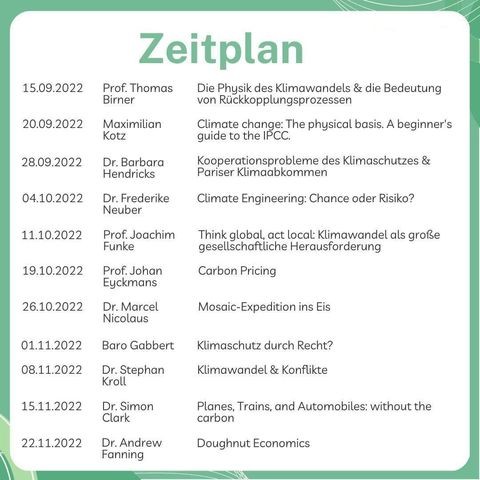 Zeitplan der Vorträge im Rahmen der Ringvorlesung Klimawandel an der Universität Mannheim. Link: Instagram-Post Ringvorlesung Klimawandel