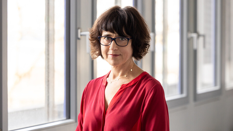 Prof. Kogan trägt ein rotes Oberteil und eine Brille.