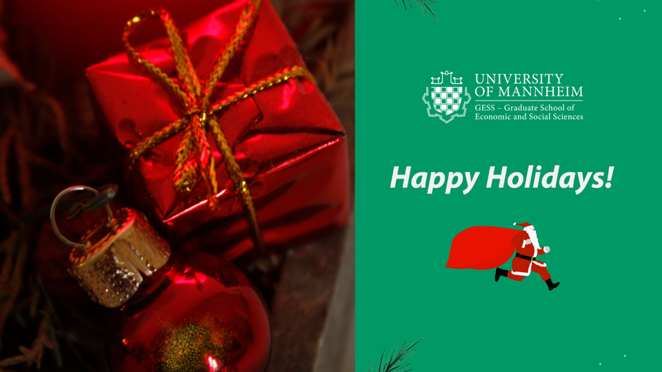 A Christmas card. On the left there is a gift wrapped in red wrapping paper and a gold bow and a red ornament. On the right there is a Santa on a green background featuring the GESS logo and a Holiday Greeting.