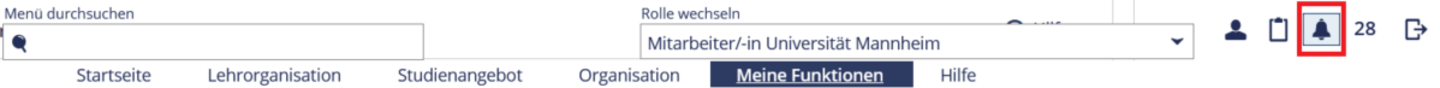 Ein Screenshot von der Webseite Portal² auf dem die Startseite zu sehen ist und Schaltfläche "Glocke" für Benachrichtigungen mit einem roten Kästchen umrandet ist.