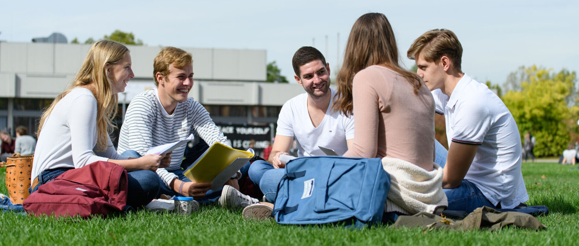 Eine Gruppe fünf Studierender sitzen mit Lernmaterialien in der Hand auf der Mensawiese. 