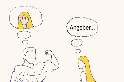 Eine Frau mit langen blonden Haaren und ein muskulöser Mann, der seine Muskeln präsentiert, stehen sich gegenüber. In der Denkblase der Frau steht "Angeber", in der des Mannes ist das Gesicht der Frau mit Herzaugen abgebildet.