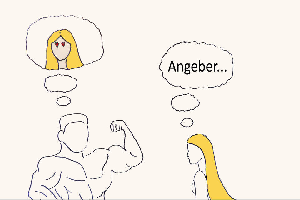 Eine Frau mit langen blonden Haaren und ein muskulöser Mann, der seine Muskeln präsentiert, stehen sich gegenüber. In der Denkblase der Frau steht "Angeber", in der des Mannes ist das Gesicht der Frau mit Herzaugen abgebildet.