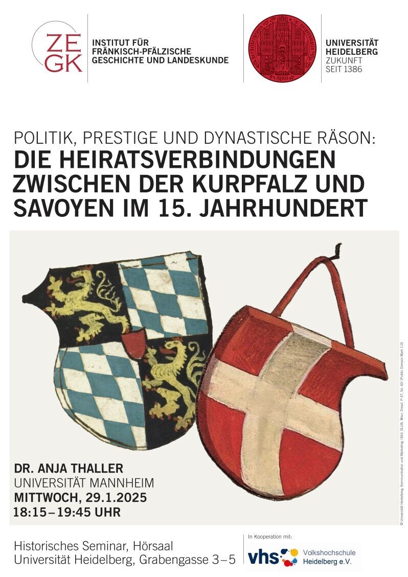 Plakat des Vortrag zu Heiratsverbindungen zwischen der Kurpfalz und Savoyen im 15. Jahrhundert mit den Wappen der Kurpfalz und Savoyens
