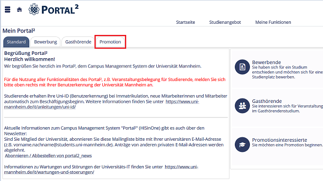 Ein Screenshot von der Webseite Portal² auf dem die Startseite zu sehen ist und der Reiter "Promotion" mit einem roten Kästchen umrandet ist.