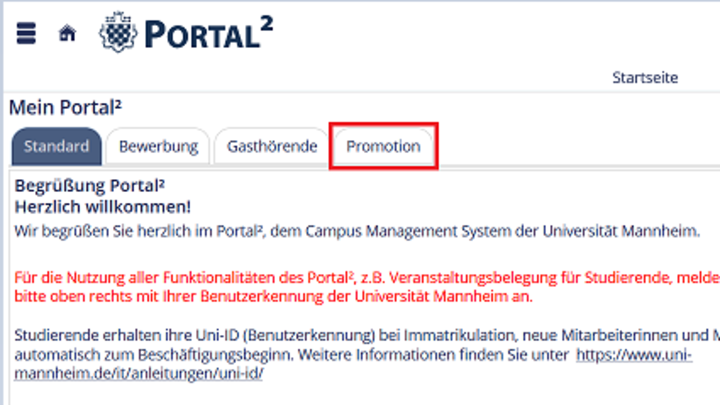 Ein Screenshot von der Webseite Portal² auf dem die Startseite zu sehen ist und der Reiter "Promotion" mit einem roten Kästchen umrandet ist.