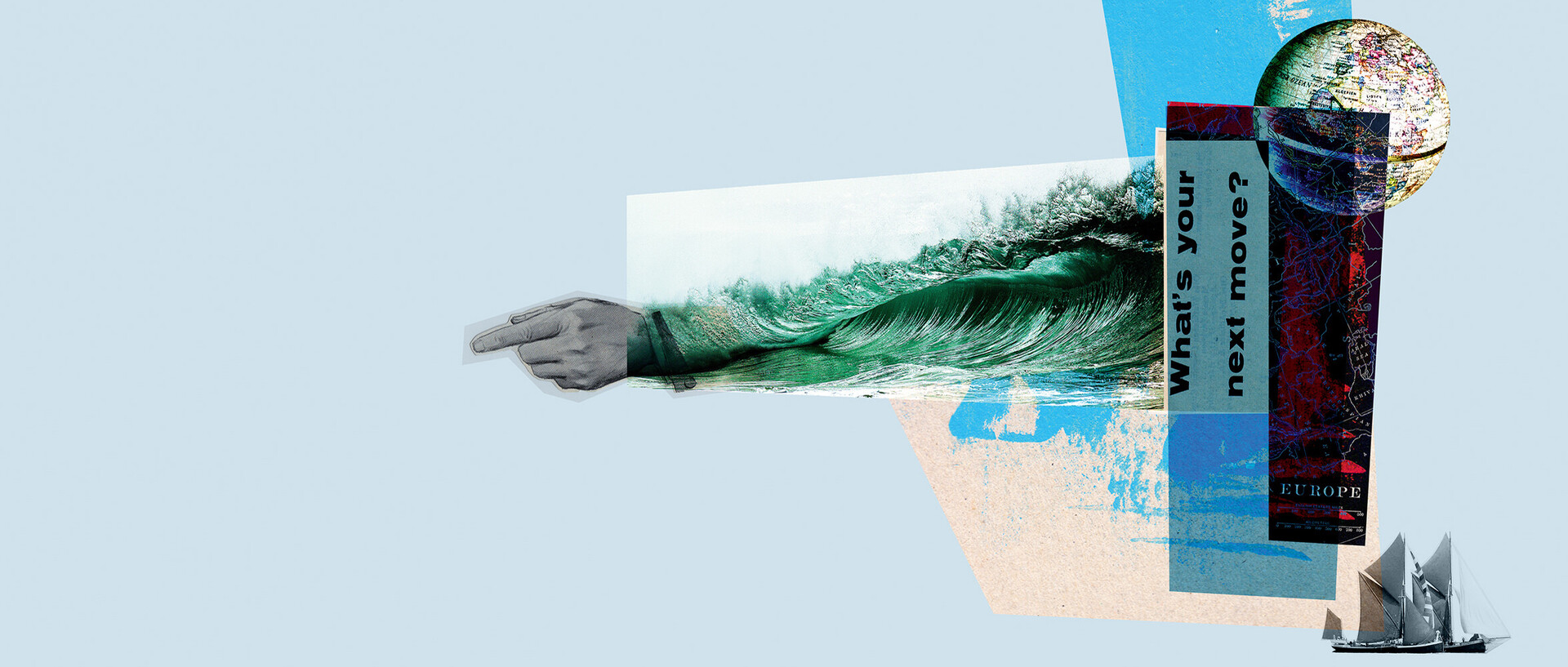 Bildercollage vor blauem Hintergrund mit einem, Globus, einem Segelschiff, einer großen Welle und daran angrenzend einer nach links zeigenden Hand. Am anderen Ende der Welle steht der Schriftzug 