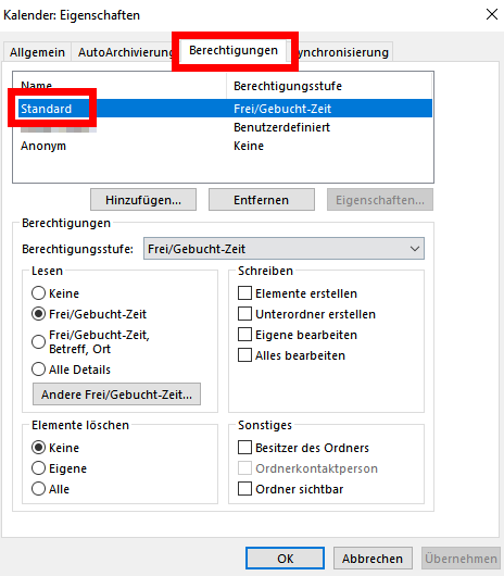 Kalender Eigenschaften Berechtigungen