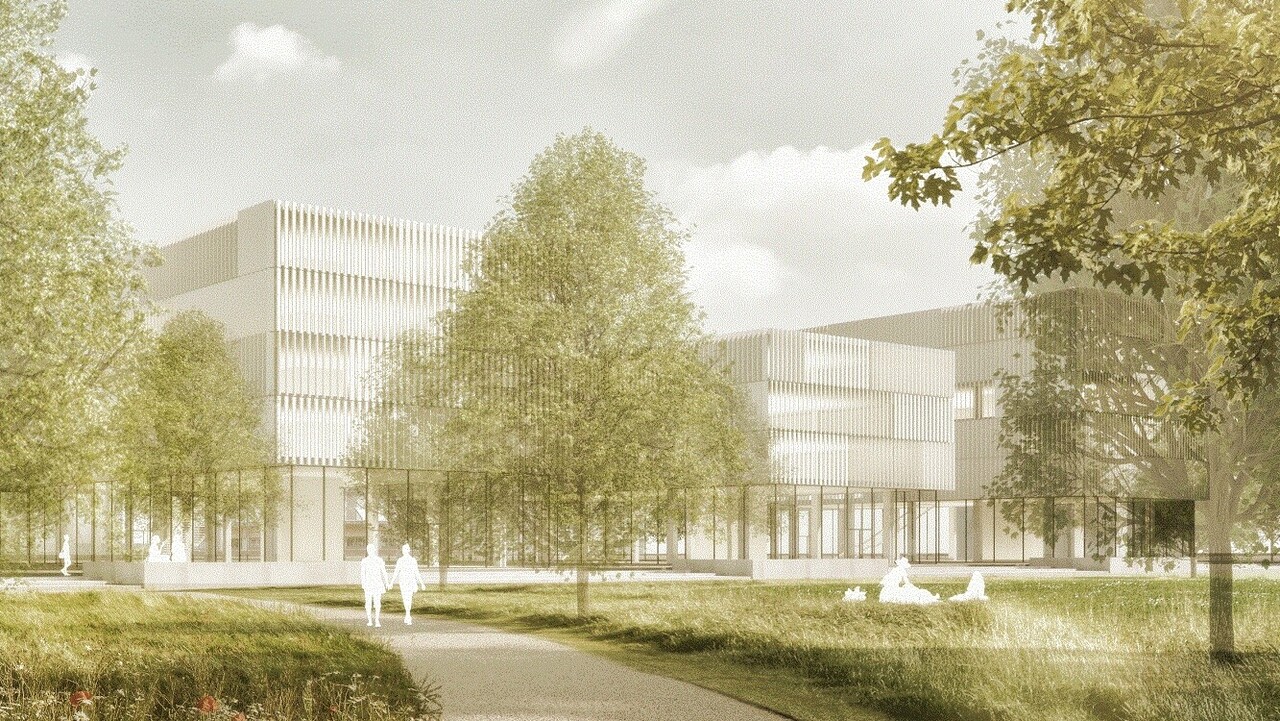 Im Vordergrund befinden sich Bäume und eine Blumenwiese. Im Hintergrund steht ein moderner Gebäudeentwurf sowie Umrisse von Menschen.