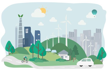 Clipart einer Stadt mit Windrädern, Solarpaneln und Grünflächen.