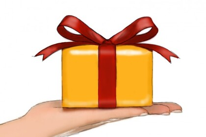 Grafik einer ausgestreckten Hand, auf der ein gelbes Geschenk mit einer roten Schleife liegt. 