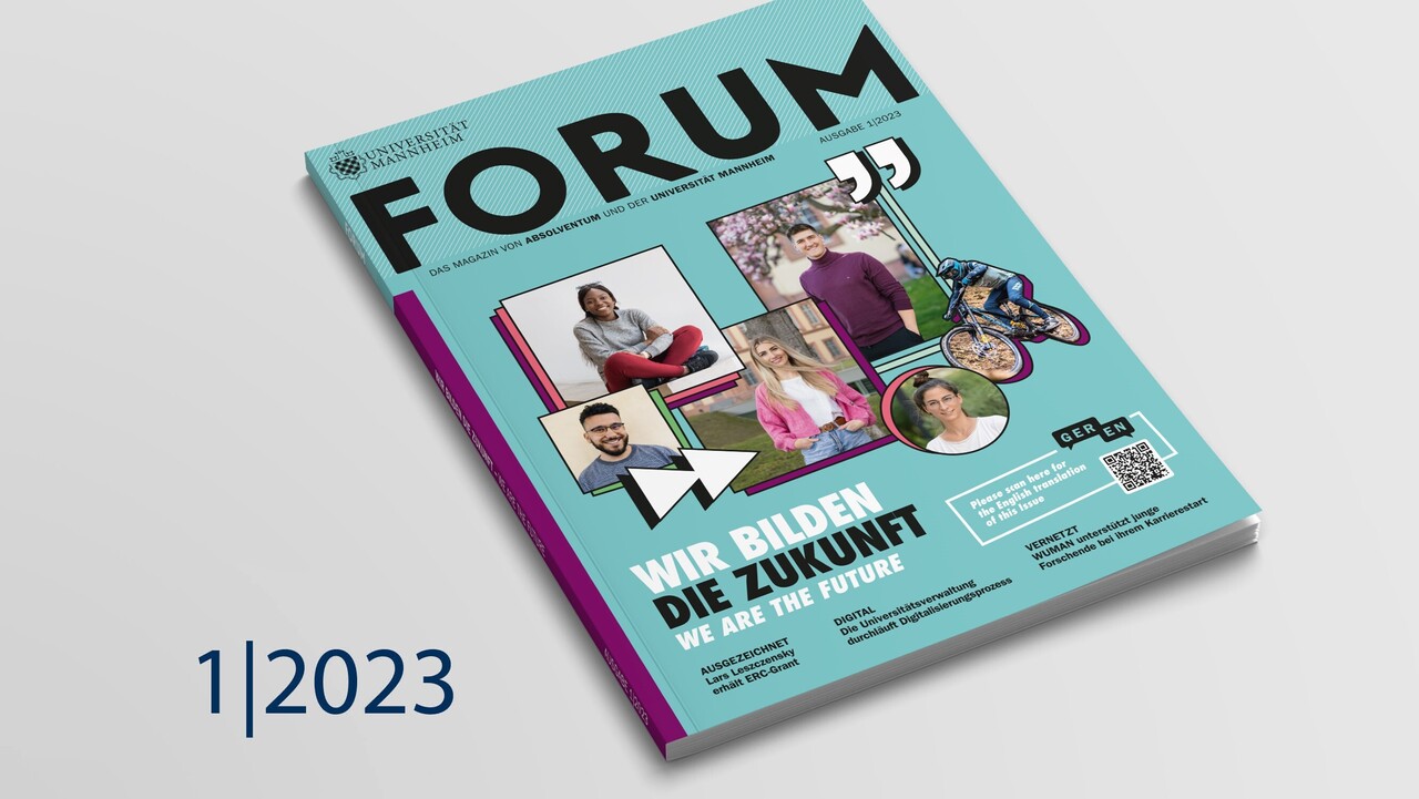 Cover des FORUM-Magazins 1 | 2023 zeigt fünf Portraits von Doktorand*innen der Uni Mannheim. Der Titel lautet "Wir bilden die Zukunft. We are the Future"