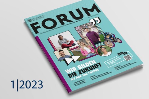 Cover des FORUM-Magazins 1 | 2023 zeigt fünf Portraits von Doktorand*innen der Uni Mannheim. Der Titel lautet "Wir bilden die Zukunft. We are the Future"