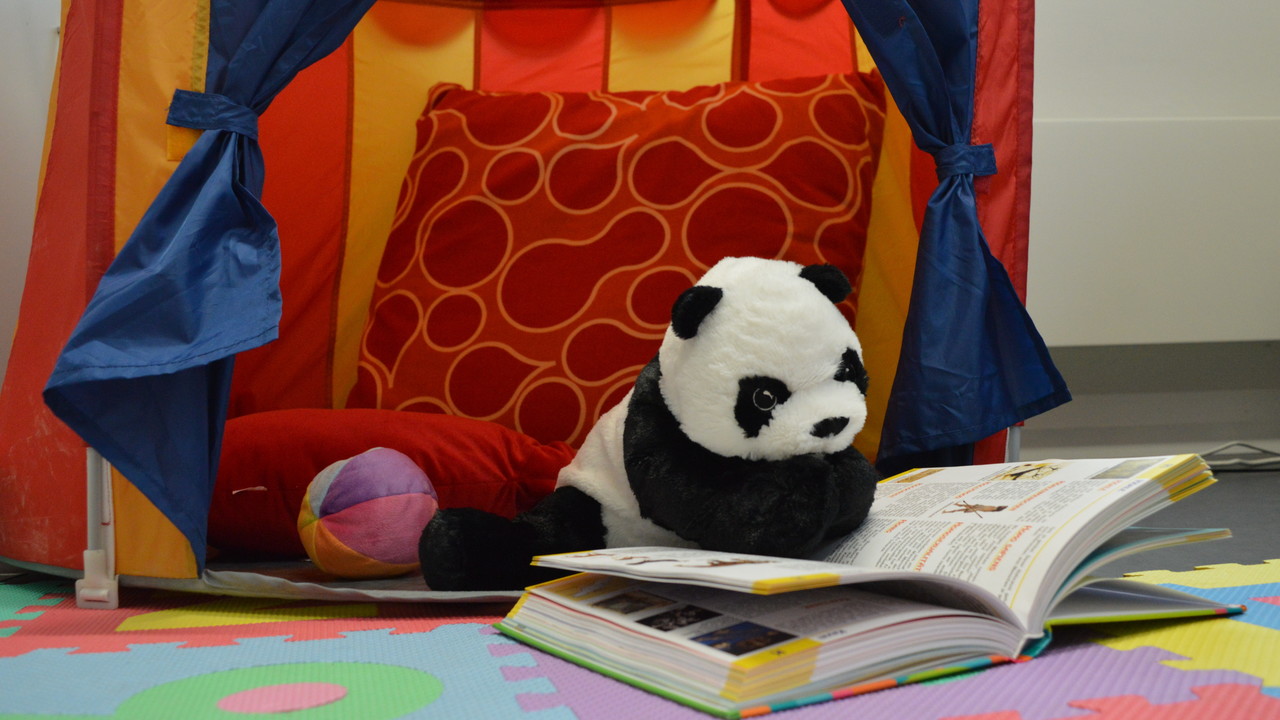 Ein Plüschpanda sitzt in einem farbenfrohen Spielzelt auf bunten Schaumstoff-Puzzlematten. Vor ihm ist ein aufgeschlagenes, illustriertes Buch, in das er scheinbar vertieft liest.