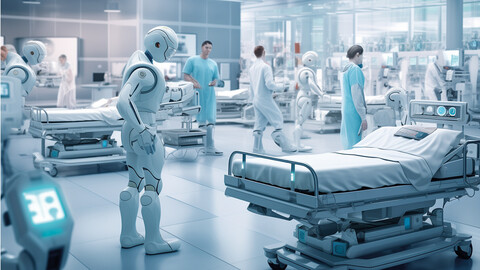 Roboter und Menschen stehen inmitten von Krankenhaus-Betten.