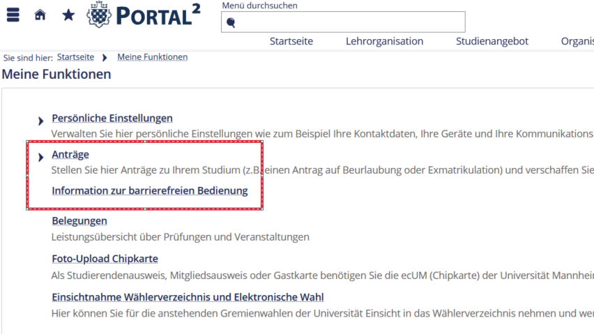 Ein Screenshot von der Webseite Portal² auf dem die Unterseite "Meine Funktionen" zu sehen ist und die Rubrik „Anträge“ mit einem roten Kästchen umrandet ist.