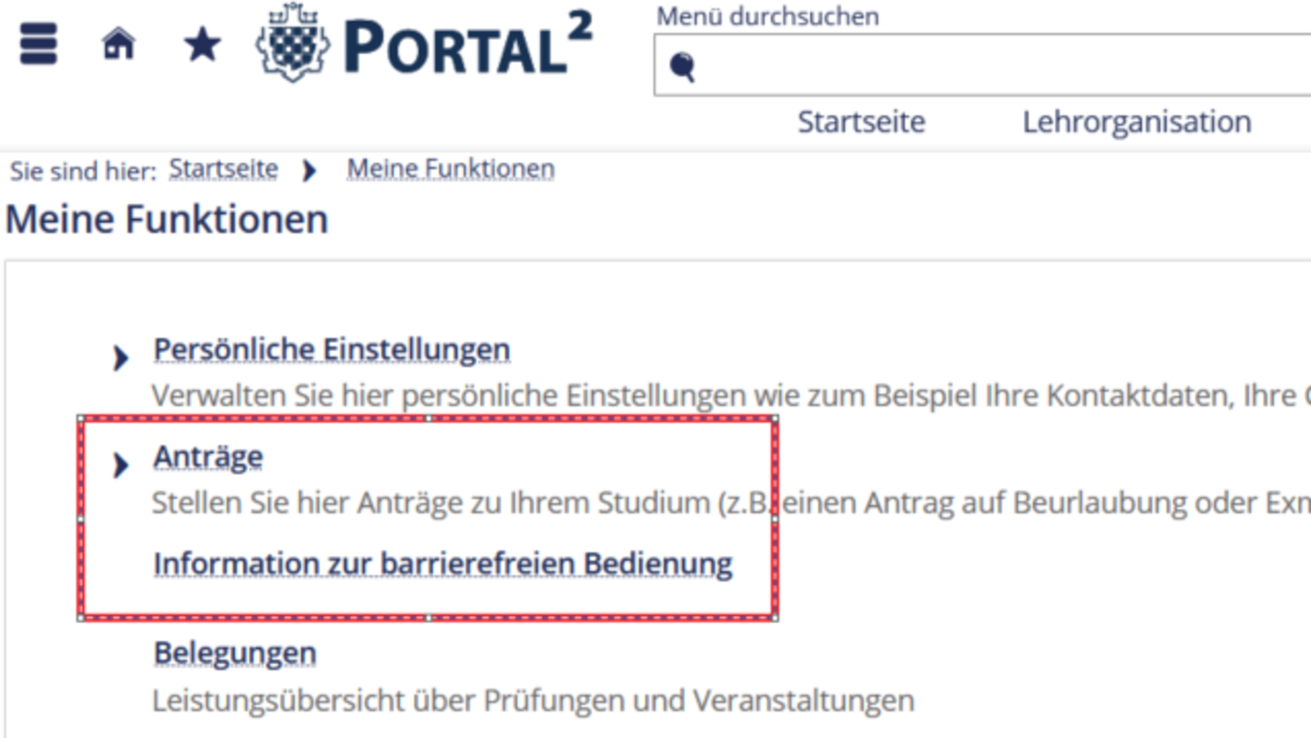 Ein Screenshot von der Webseite Portal² auf dem die Unterseite "Meine Funktionen" zu sehen ist und die Rubrik „Anträge“ mit einem roten Kästchen umrandet ist.