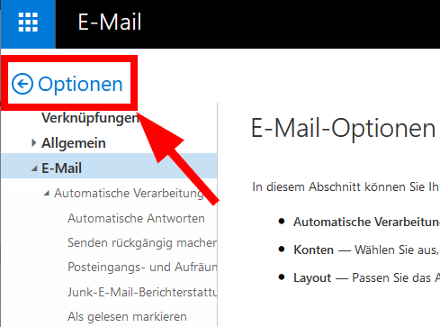 Ein Klick auf Optionen führt zurück zum Postfach