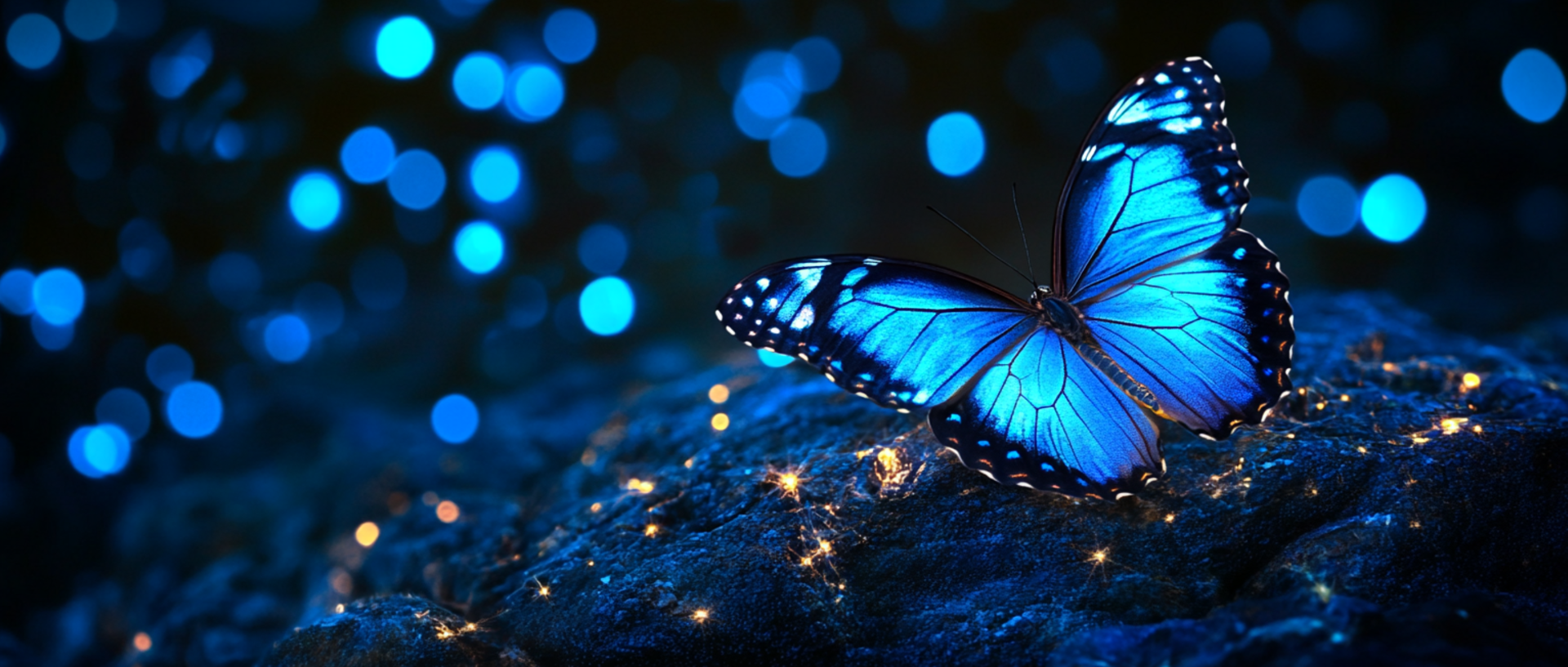 Butterfly with blue wings in the night, in the background are blue magical lights