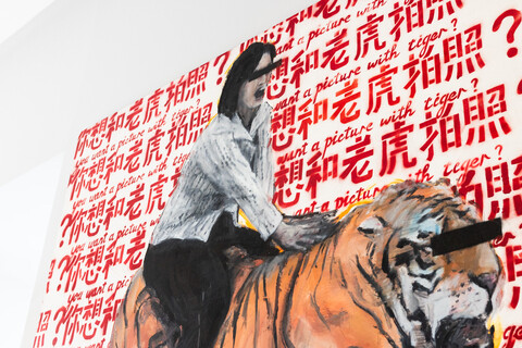 Kunstwerk mit einer Frau, die auf einem Tiger sitzt. Der Hintergrund besteht aus sich wiederholendem Text auf Englisch und Chinesisch: „You wan a picture with tiger?“