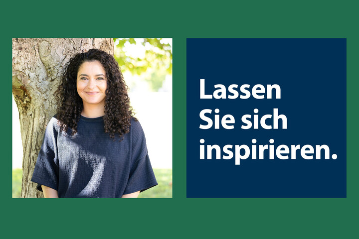 Drei Portraits von unterschiedlich an der Uni Mannheim beschäftigten Personen sind nebeneinander vor einem grünen Hintergrund aufegreiht. Daneben steht der Slogan "Lassen Sie sich inspirieren".