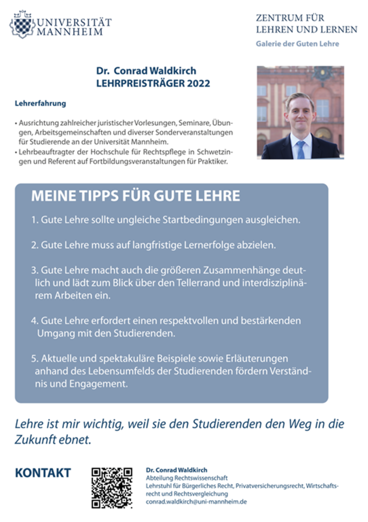 Poster des Projektes Meine Tipps für gute Lehre von Dr. Conrad Waldkirch.