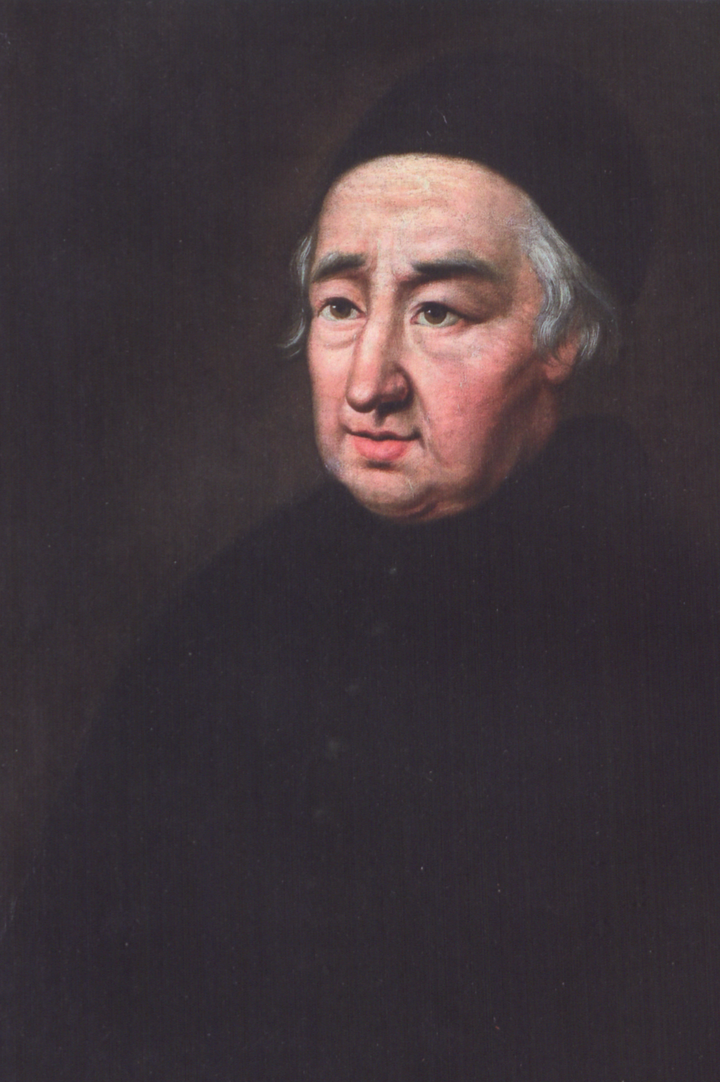 Gemälde des Jesuitenpater Desbillons. Er trägt schwarze Kleidung sowie einen schwarzen Hut und ist auf schwarzem Hintergrund gemalt.