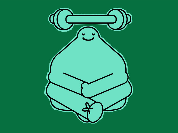 Eine türkisfarbene illustrierte Figur sitzt im Schneidersitz auf dem Boden. Über dem Kopf schweben Hanteln. Der Hintergrund ist dunkelgrün.
