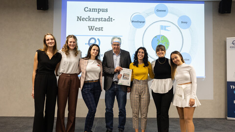 Sieben Personen in schicker Kleidung stehen nebeneinander vor einer Wand. Auf die Wand wird ein Bild projiziert, das die Überschrift "Campus Neckarstadt-West" trägt.