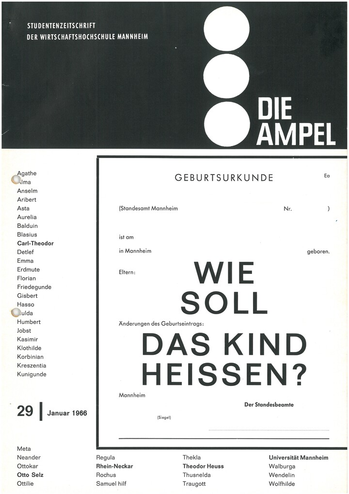 Ein gescanntes Papier mit dem Titel "Die Ampel" sowie einem Bild einer Geburtsurkunde mit der Aufschrift "Wie soll das Kind heißen?"
