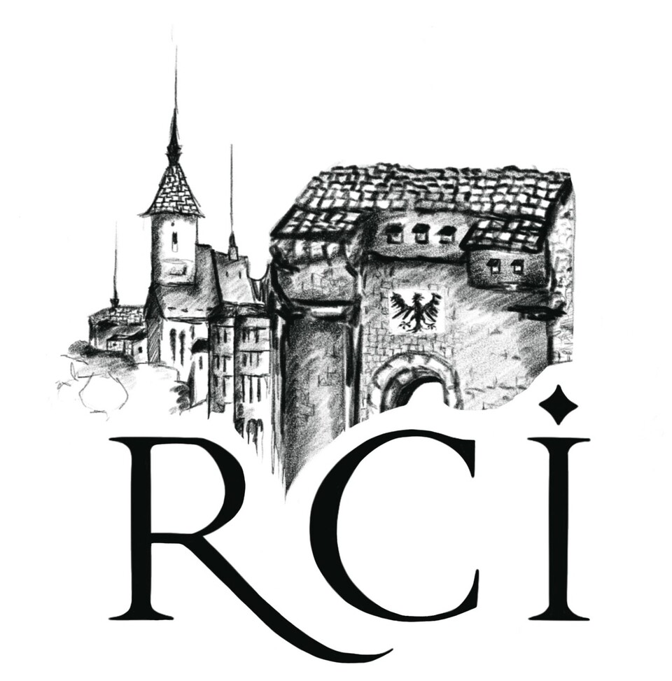 Logo des Projektes Regesta Civitatum Imperialium mit der Abkürzung RCI unterhalb einer stilisierten mittelalterlichen Stadtansicht mit Stadttor und Reichsadlert