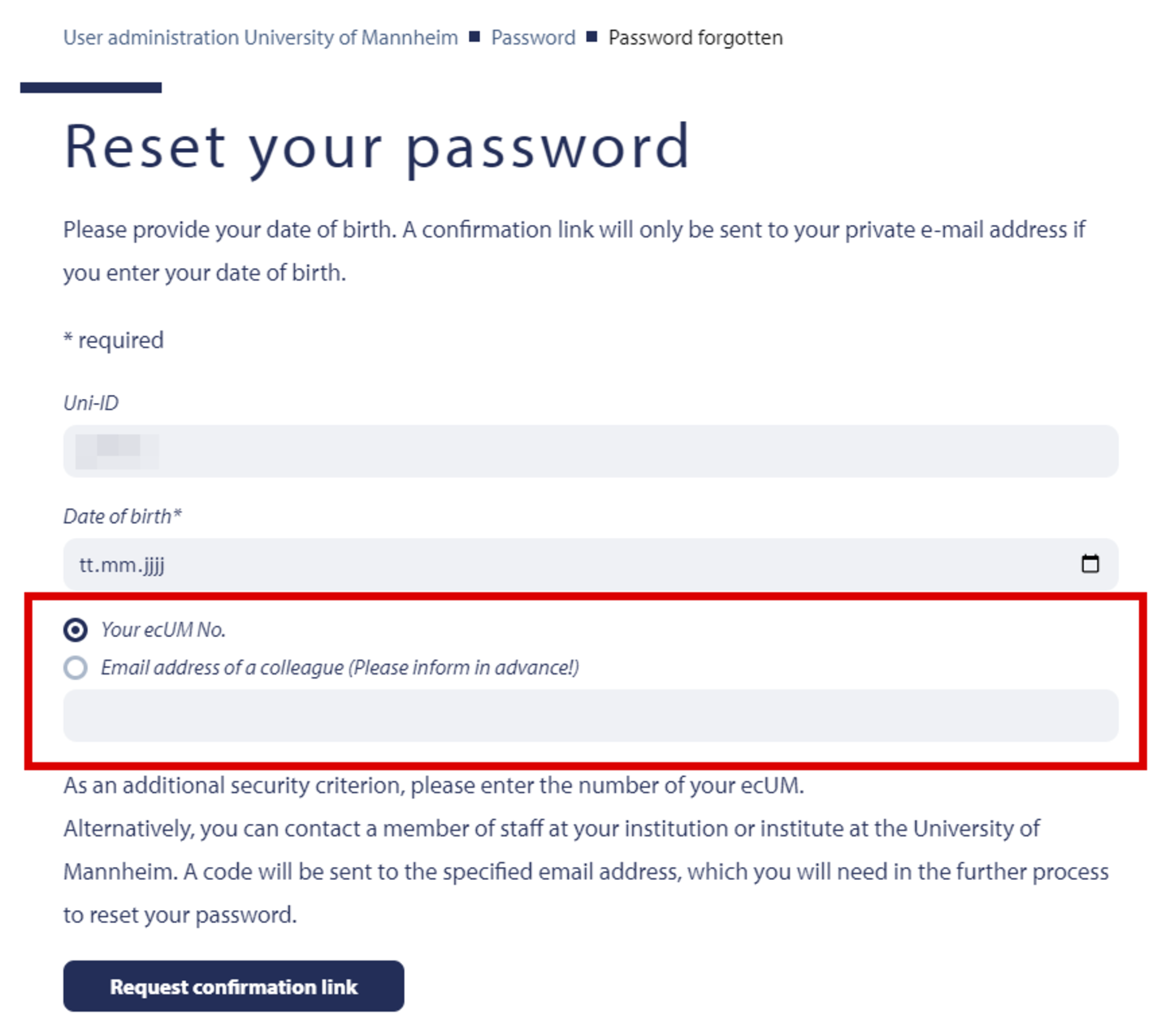 Selection of security factor for password reset