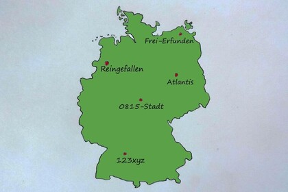 Darstellung von Deutschland mit fünf Standortmarkierungen und Fantasiebezeichnungen für Städte, wie "Reingefallen" oder "Atlantis"