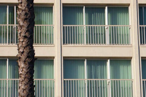 Hausfront mit großen Fenstern und französischen Balkonen. Links davor schneidet ein Palmenstamm durch das Bild. Oben rechts steht ein Mann in einer Schiebetür.