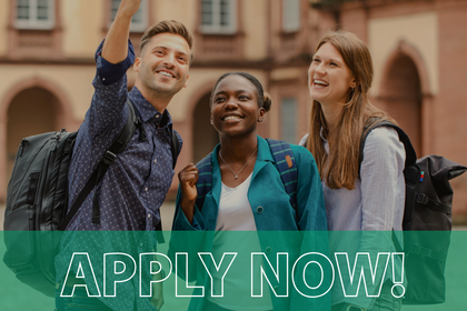 A group of three people smiling and taking a selfie before the castle. The photo has the inscription "Apply Now" in capital letters. The GESS Logo is in the upper right corner.