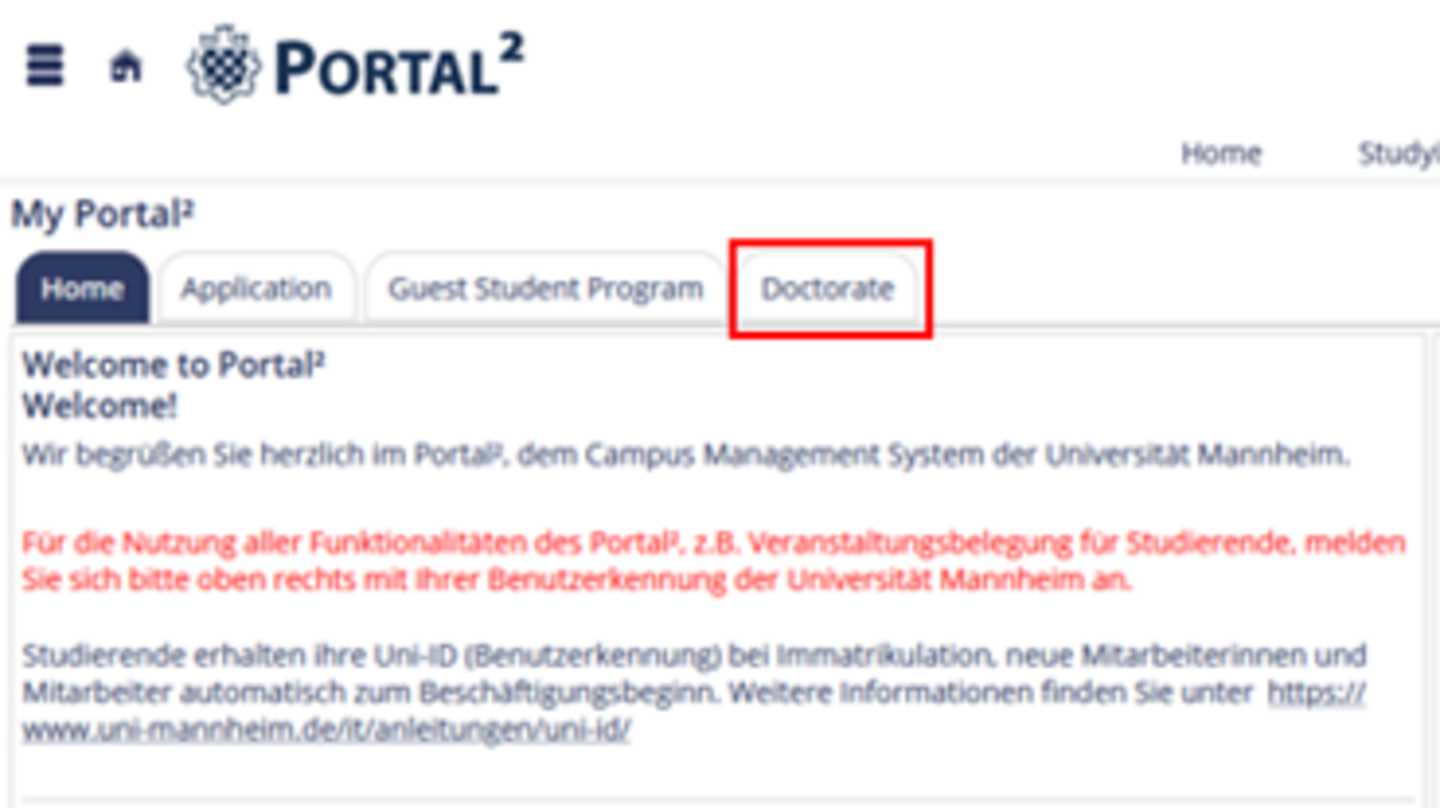 A screenshot of the Portal² website showing the website with the “Doctorates” tab outlined in a red box.
