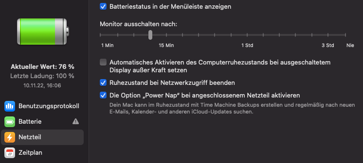 Anzeige unter Netzteil bei MacOS 12 Monterey und älter