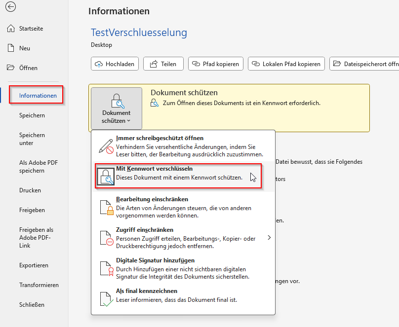 Screenshot Verschlüsselung aufheben