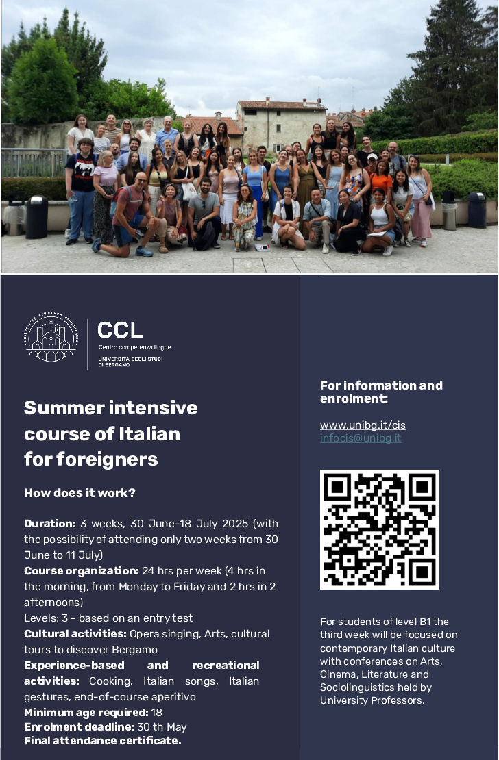 Flyer der Italienisch_Kurse an der Universität Bergamo für den Sommer 2025.