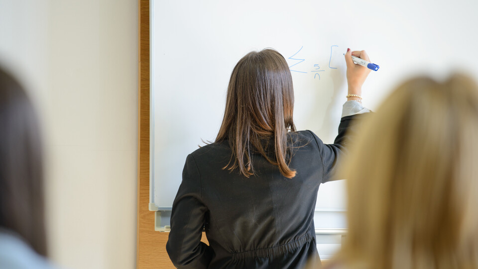 Eine Dozentin schreibt etwas an eine Tafel.