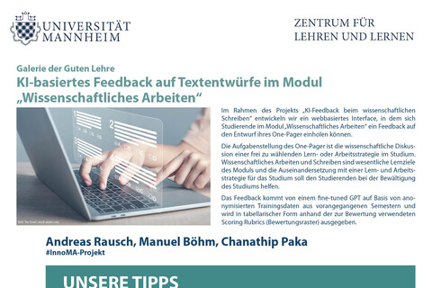 Poster der Galerie der Guten Lehre 2025 von Andreas Rausch und Team mit dem Titel "KI-basiertes Feedback auf Textentwürfe im Modul „Wissenschaftliches Arbeiten“"