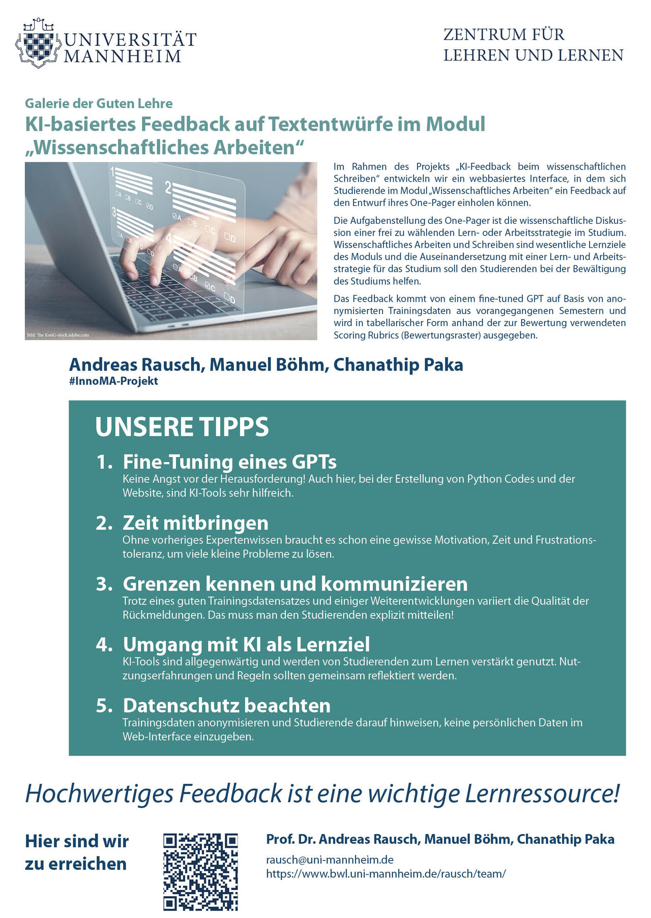 Poster der Galerie der Guten Lehre 2025 von Andreas Rausch und Team mit dem Titel "KI-basiertes Feedback auf Textentwürfe im Modul „Wissenschaftliches Arbeiten“"
